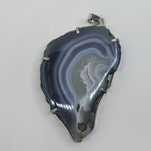 Green and Gray Banded Agate Slice Pendant with Sterling Silver Setting